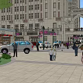 Bustling Commercial Street With Pedestrians Vehicles And Classic Building Facades