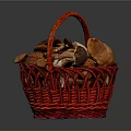 Red Woven Basket Filled With Fresh Assorted Mushrooms On Dark Background