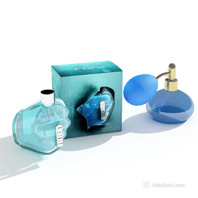 Blue Perfume Bottle With Unique Shape And Matching Packaging Box Design 3d model 