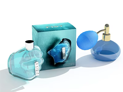 Blue Perfume Bottle With Unique Shape And Matching Packaging Box Design 3d model