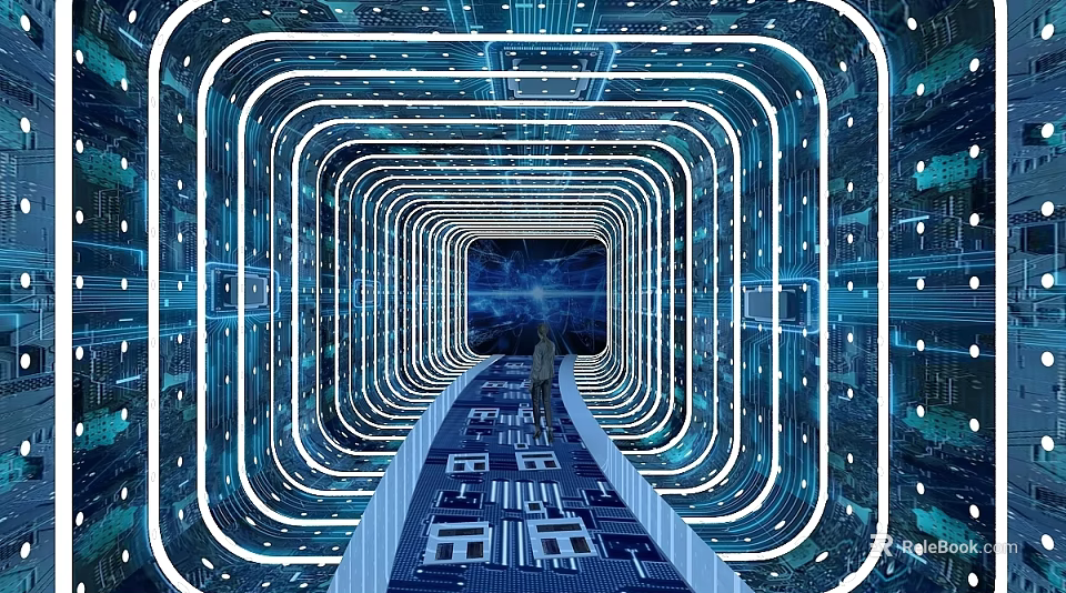 Futuristic Tech Tunnel With Circuit Board Pathway And Glowing Lines Person Walking 3d model 