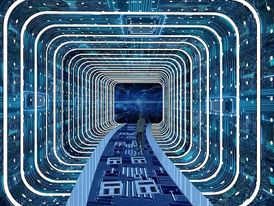 Futuristic Tech Tunnel With Circuit Board Pathway And Glowing Lines Person Walking 3d model