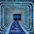 Futuristic Tech Tunnel With Circuit Board Pathway And Glowing Lines Person Walking