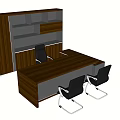 Modern Office Desk With Wooden Top Two Black Chairs With Metal Legs And Wooden Cabinet