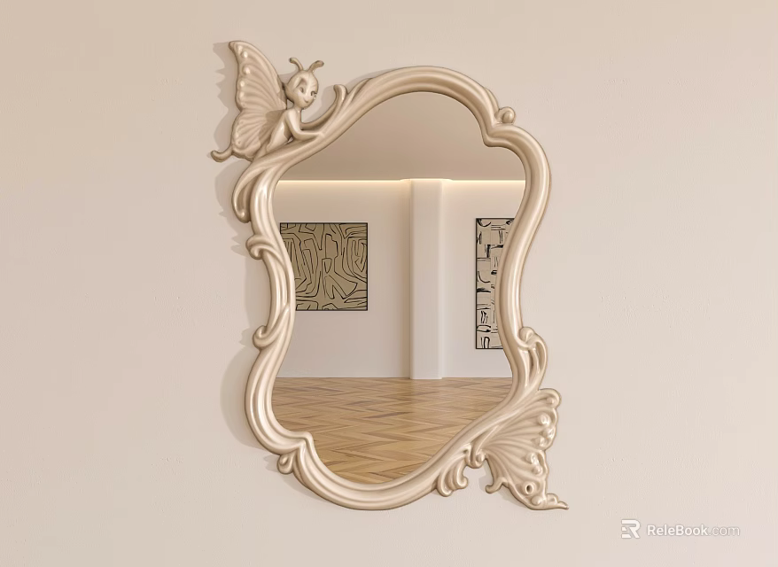 Ornate Decorative Mirror With Butterfly Carvings On Frame Reflecting Wooden Floor And Wall Art 3d model 