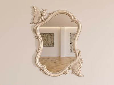 Ornate Decorative Mirror With Butterfly Carvings On Frame Reflecting Wooden Floor And Wall Art 3d model