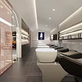 Modern Retail Store Interior With Glass Doors Display Shelves Bright Lighting And Art Painting