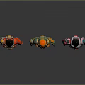 Three Armored Scifi Character Models With Red Yellow White Designs Standing On Reflective Surface