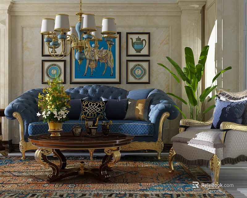 Elegant Blue Sofa and Coffee Table Set with Gold Accents Wall Art and Green Plant 3d model 