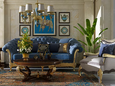 Elegant Blue Sofa and Coffee Table Set with Gold Accents Wall Art and Green Plant 3d model