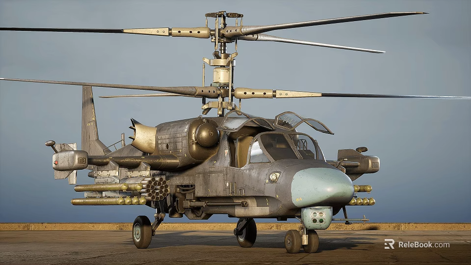 Military Helicopter With Rotors Mounted Weapons Gray Fuselage And Light Blue Nose On Ground 3d model 