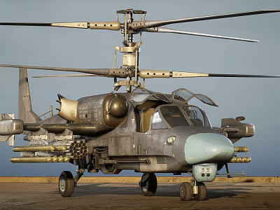 Military Helicopter With Rotors Mounted Weapons Gray Fuselage And Light Blue Nose On Ground 3d model
