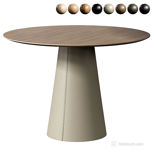 Modern Round Wooden Top Dining Table With Beige Conical Stitched Base 3d model 