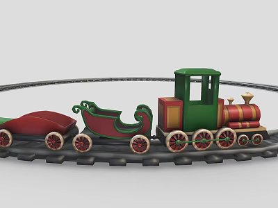 Toy Train With Green Locomotive Red Carriages Sleigh And Gold Decorated Wheels On Black Tracks 3d model