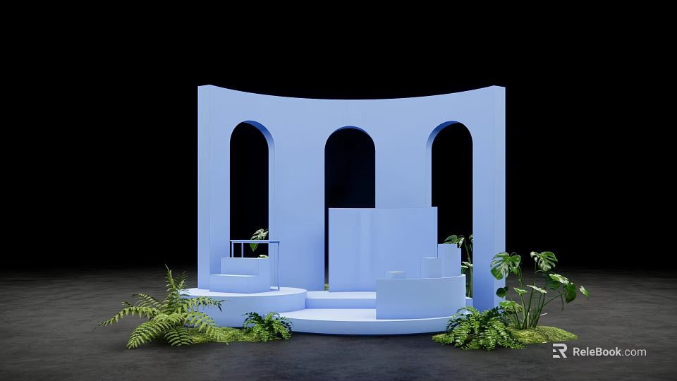 Shop Window Display Decoration with Blue Arched Platform Steps and Green Plants 3d model 