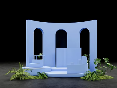 Shop Window Display Decoration with Blue Arched Platform Steps and Green Plants 3d model
