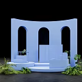 Shop Window Display Decoration with Blue Arched Platform Steps and Green Plants