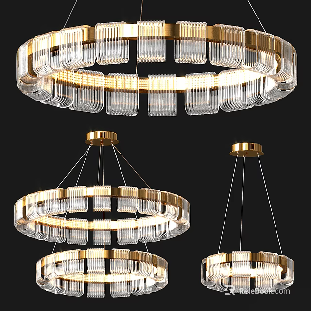Modern Elegant Chandelier With Gold Frame And Crystal Glass Circular Design 3d model 