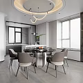 Modern Restaurant Dining Area With Round Table Gray Chairs Circular Pendant Lights And Blinds