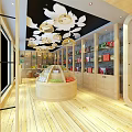 Elegant Specialty Store Interior with Wooden Shelves Various Packaged Products and Cloud Shaped Ceiling Lights