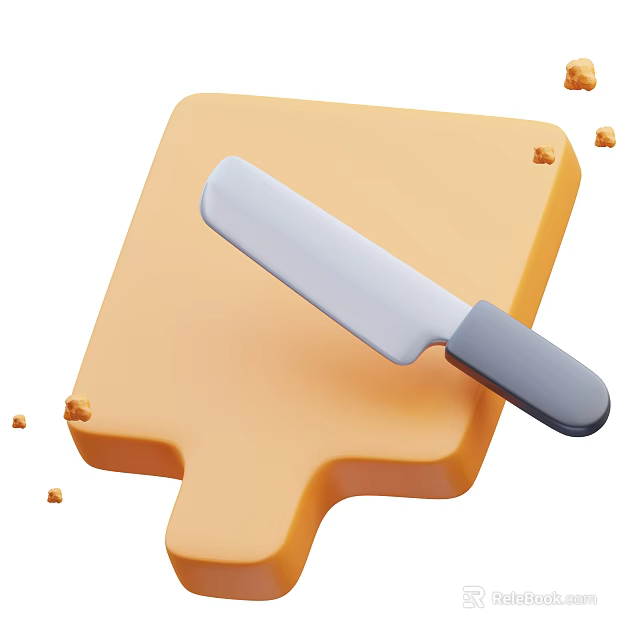 Practical Kitchen Utensils Yellow Cutting Board And Knife With Crumbs On Surface 3d model 