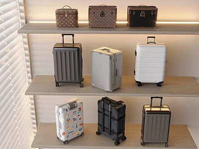 Various Stylish Luggage and Suitcases in Different Colors on Wooden Shelves 3d model