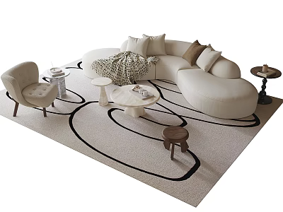Modern Curved White Sofa and Coffee Table Set with Pillows Throw Blanket and Patterned Rug 3d model