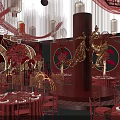 Elegant Red Banquet Hall Decorated With Golden Dragon Circular Ornaments Round Tables And Red Chairs