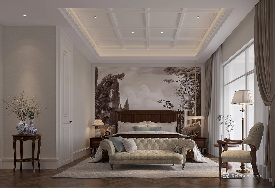 Elegant Bedroom Interior With Mural Accent Wall King Bed Nightstands And Floor Rug 3d model 
