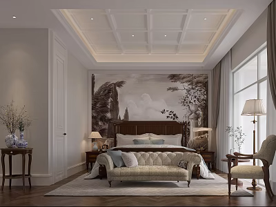 Elegant Bedroom Interior With Mural Accent Wall King Bed Nightstands And Floor Rug 3d model