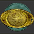 Traditional Gold Ingot Shaped Jewelry with Intricate Carved Characters on Green Display Base