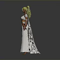 Woman With Blonde Hair In White Dress With Slit Golden Waist Decoration On Grey Background