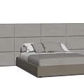 Double Bed With Beige Frame Gray Upholstered Headboard Wall White Sheets And Pillows