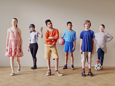 Group of Kids Standing Together With Basketball And Soccer Ball On Wooden Floor 3d model