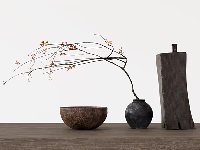 Black Ceramic Vase With Orange Blossom Branch And Wooden Bowl Decor On Table White Background 3d model
