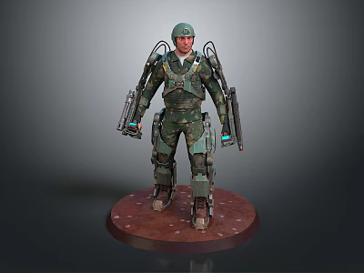 Camouflage Mechanical Armor Character With Dual Back Mechanical Arms On Round Base 3d model