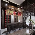 Traditional Chinese Style Restaurant Interior With Wooden Tables Lanterns And Decorative Paintings