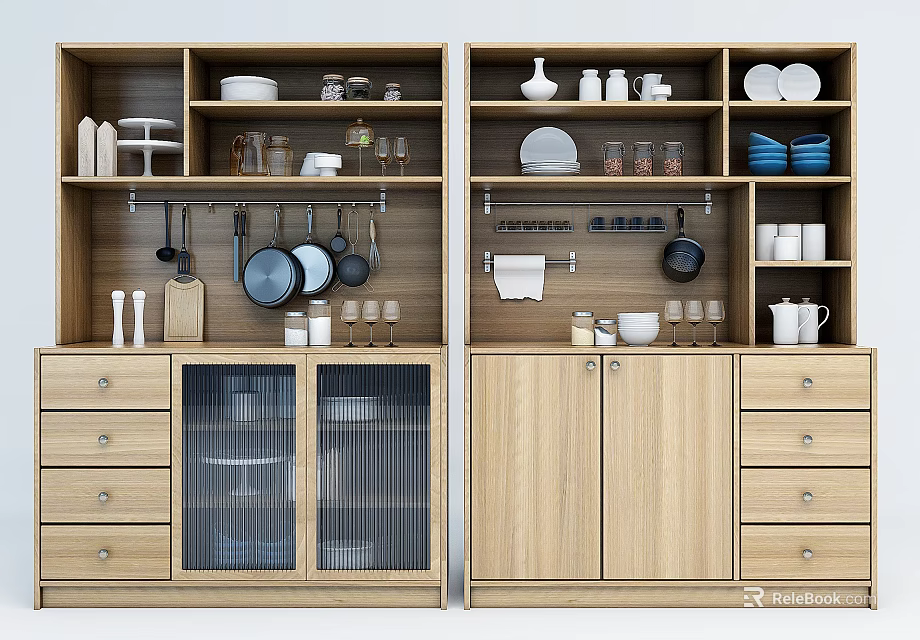 Light Wood Sideboard With Open Closed Storage And Kitchenware 3d model 