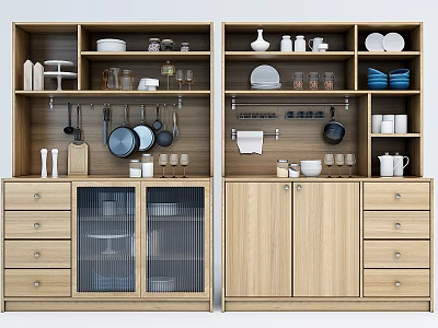 Light Wood Sideboard With Open Closed Storage And Kitchenware 3d model