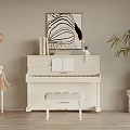 Elegant White Piano With Sheet Music And Wall Artwork Near Ballerina Statue And Green Plant