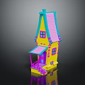 Colorful Cartoon Fairy Tale House With Yellow Walls Pink Roof Blue Windows And Purple Door