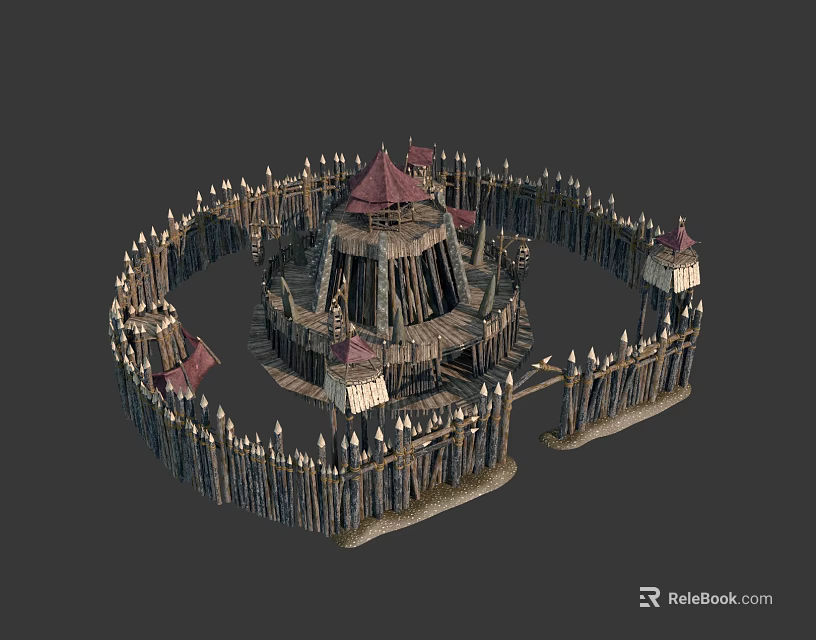 Central Tower With Red Roof Surrounded By Wooden Fence And Small Defensive Towers 3d model 