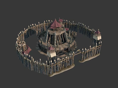 Central Tower With Red Roof Surrounded By Wooden Fence And Small Defensive Towers 3d model