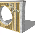Golden Grille Feature Wall With Circular Cutout Decorative Floral Motifs And Marble Background