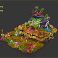 Cartoon Style Island Playground With Yellow Ground Red Fences Mushroom Trees And Water Pond
