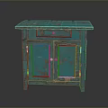 Rustic Turquoise Distressed Wooden Console Cabinet With Double Doors And Drawer