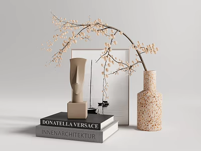 Modern Vase With Speckled Texture Holding Slender Beige Blossom Branches On Books 3d model
