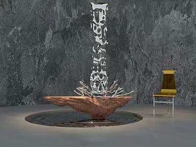 Intricate Metal Sculpture Carving With Tall Hollow Design And Brown Base Near Yellow Chair 3d model