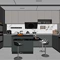 Modern Kitchen Interior Design With Gray Cabinets Black Appliances Island Counter And Bar Stools