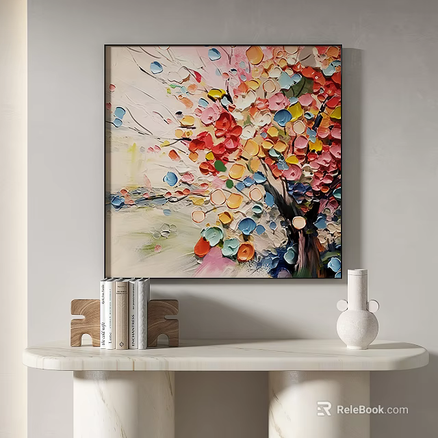 Colorful Abstract Tree Painting With Circular Elements On Wall Above Marble Table And Vase 3d model 